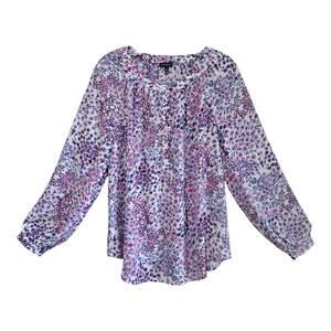 TALBOTS Women's M Blouse 1/2 Buttons Floral Purple Blue White 3/4 Sleeve 42"